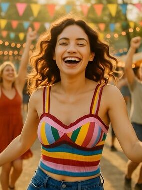 Cider Multicolor Striped Knit Crop Top — Pink, Yellow, Blue & Green Crochet Sz S